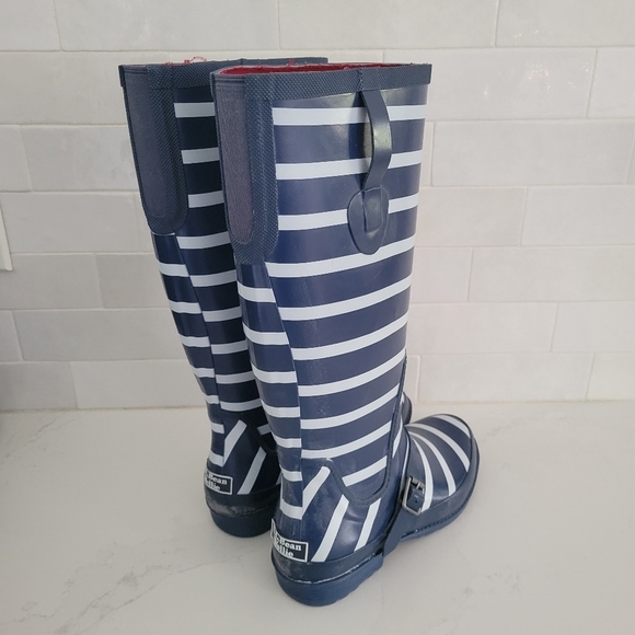 LL Bean Tall Wellie Knee-High Rubber Rain Boot Blue White Stripe Waterproof 8 - Picture 3 of 8